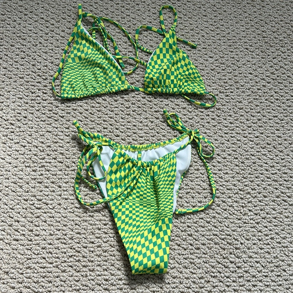 Checkerboard Yellow And Green String Bikini Set - image 1